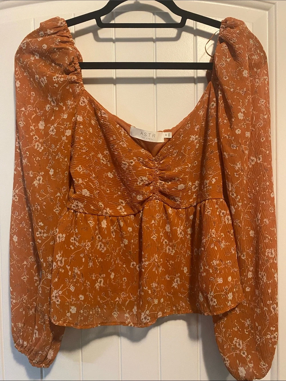 Astr Rust Floral Peasant Blouse with Puff Sleeves